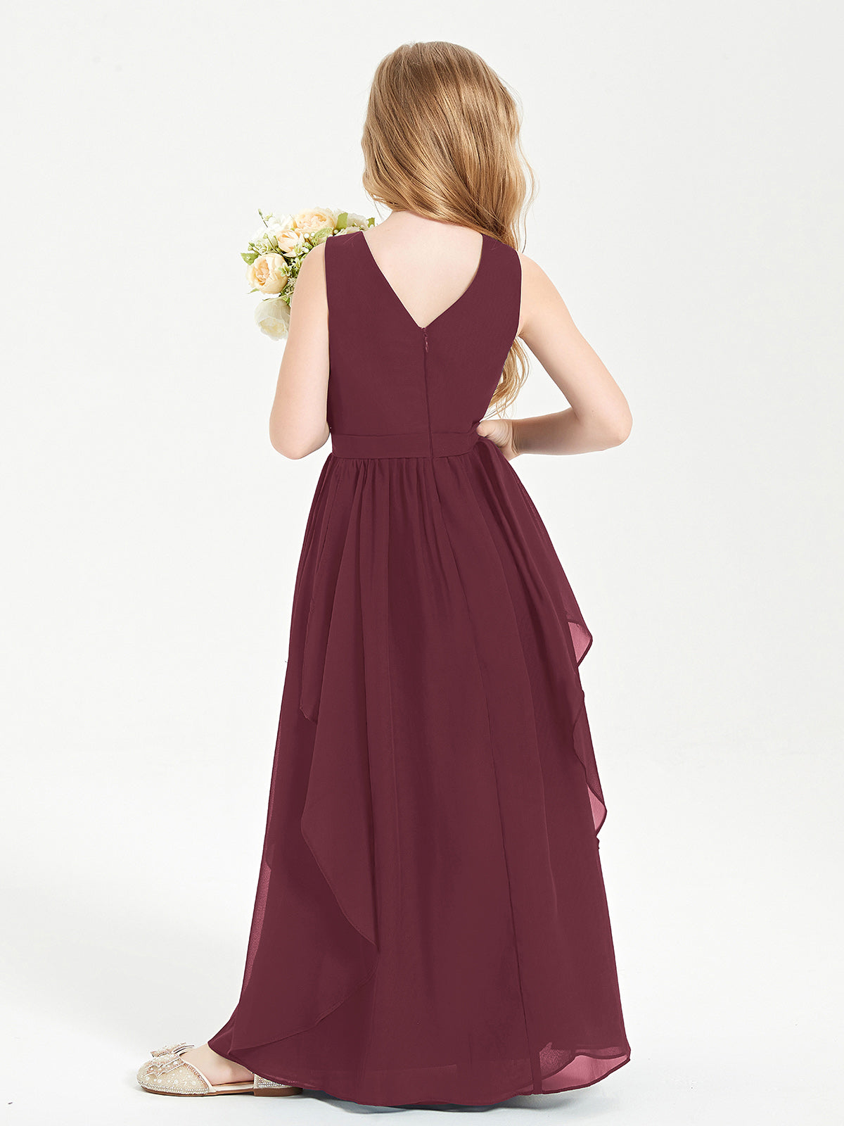 Boho Sleeveless Junior Chiffon Bridesmaids Gown Cabernet
